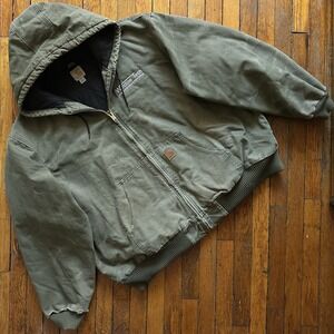 Vtg Y2K Carhartt J130 ARG Duck Canvas Hooded Chore Jacket Lined Men 3XL Green